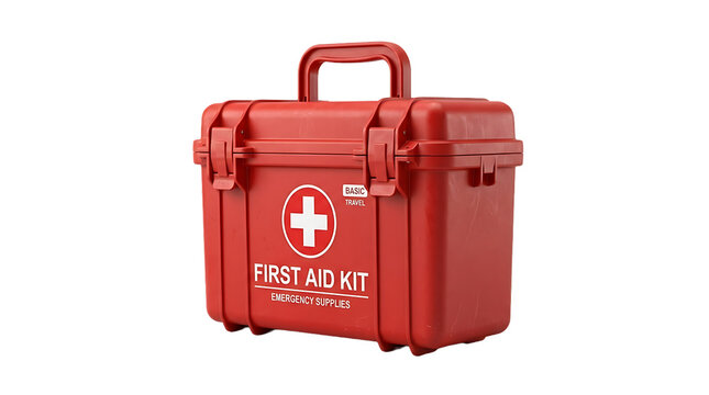 Emergency Red First Aid Kit Bag or box with Medical Supplies Isolated on transparent Background