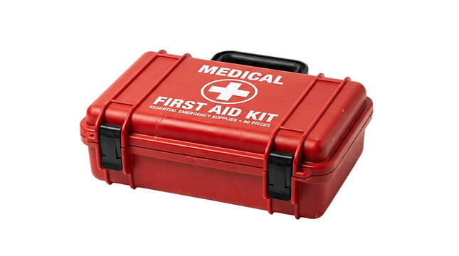 Emergency Red First Aid Kit Bag or box with Medical Supplies Isolated on transparent Background