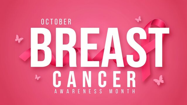 October breast cancer awareness month poster design with pink ribbon and butterflies on pink background