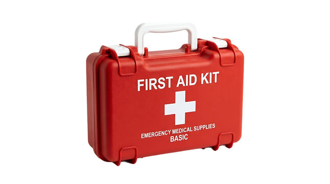 Emergency Red First Aid Kit Bag or box with Medical Supplies Isolated on transparent Background