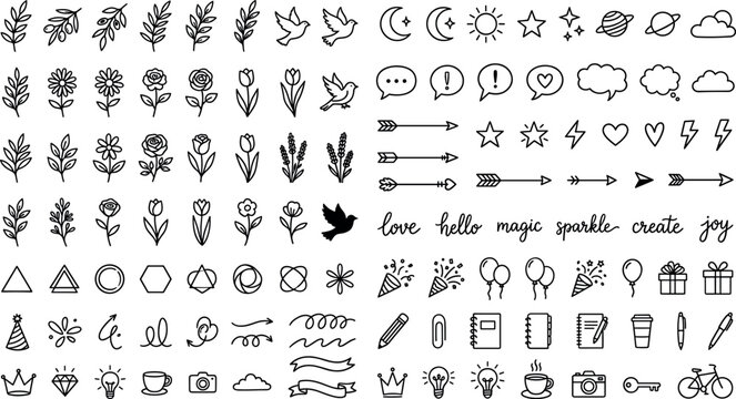 Bullet journal doodle mega set with black outline line art icons of flowers stars arrows hearts bubbles and text words isolated on white background