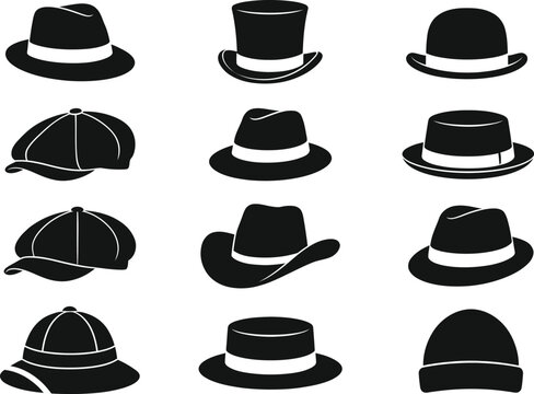 Collection of Vintage Men Hats Silhouette Vector Icons