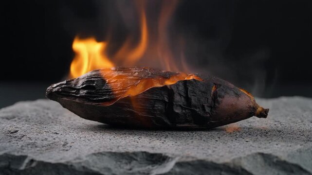 Roasted Sweet Potato with Charred Skin Surrounded by Flickering Flames and Rising Smoke