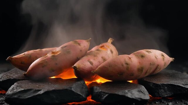 Several Sweet Potatoes Roasting on Hot Dark Stones with Glowing Fire and Rising Smoke