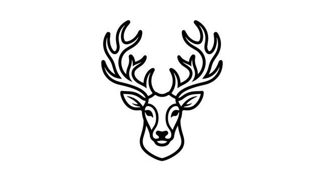 Black and white line art illustration of a majestic deer head with large antlers, facing forward.
