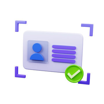 3D User Identification Card with Green Verification Checkmark and Purple Digital Interface Icon