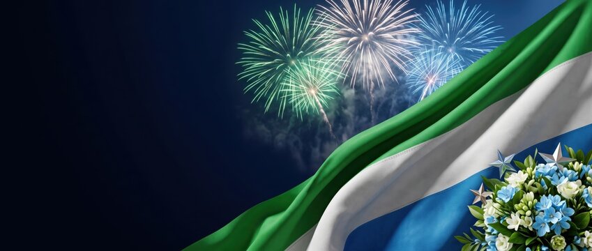 Waving flag of sierra leone with green, white, and blue horizontal stripes against a dark night sky background, featuring bright, colorful, exploding fireworks and, a floral bouquet arrangement