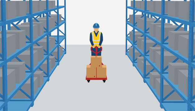 Warehouse worker pulling a manual pallet jack loaded with cardboard shipping boxes between high storage racks.