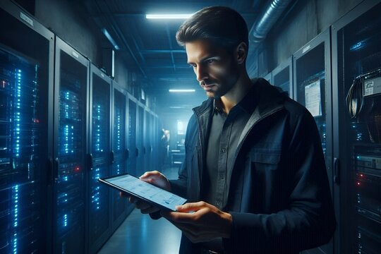  Man stands in server room, holding tablet. Blue lights shine from rows of racks behind. He studies data charts with focused attention. Tech environment suggests monitoring, analysis, or management 