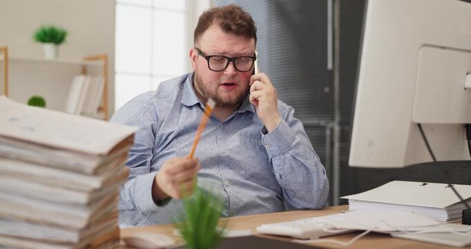 Man office accountant phone call paperwork documents. Reports show analysis and finance duties as stress rises during a phone negotiation. Concept highlights workload, accuracy, and productivity.