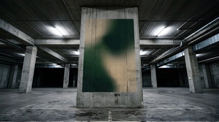 Fototapeta premium Blank vertical poster mockup on a concrete pillar in a parking garage