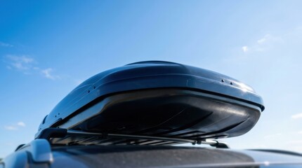 Fototapeta premium Close-up of a black car roof box against a clear blue sky, ready for travel adventures.