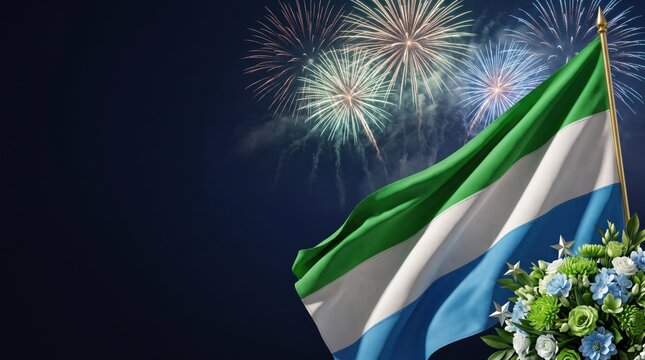 Waving flag of sierra leone with horizontal green, white, and blue stripes against a dark night sky background, featuring bright, colorful, exploding fireworks and, a bouquet of, flowers at