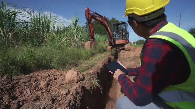 Dedicated Asian engineers in brightly colored work uniforms are monitoring digital data on tablets at a construction site with exposed pipes, sewage systems, and technological advancements.