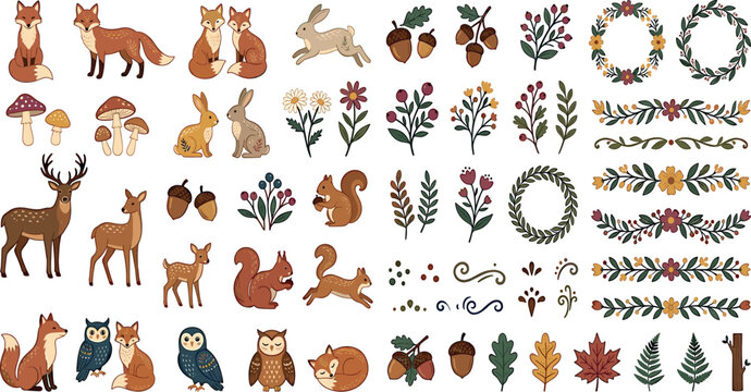 Cute autumn woodland animals mega collection with rustic botanical frames floral dividers wildflowers mushrooms and forest leaves vector