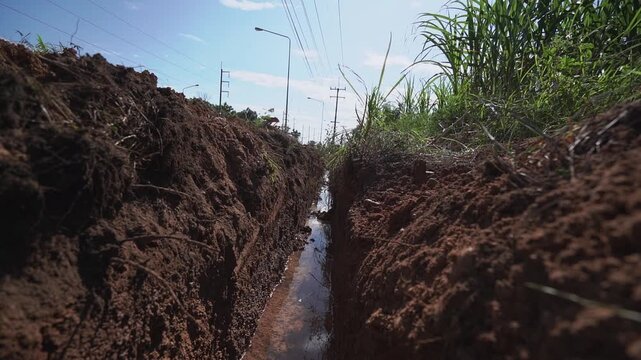 A backhoe digging a trench; installing an underground drainage system; an excavator at a construction site during the laying of drainage pipes and main water pipes; civil infrastructure works.