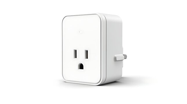 A white smart plug adapter with a standard three-prong outlet is shown in a studio setting.