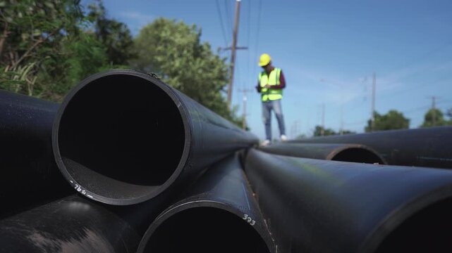 During the installation of the underground drainage system, engineers used tablets to inspect the installation and lay heating pipes in the drainage ditches at the construction site.