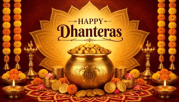 Happy Dhanteras Greeting, Festival of Wealth AI Image with Gold Coins and Diyas