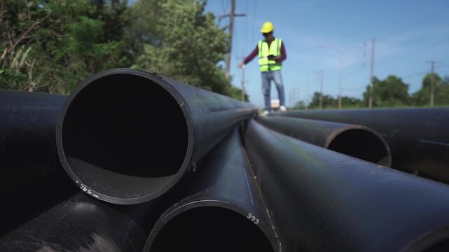 During the installation of the underground drainage system, engineers used tablets to inspect the installation and lay heating pipes in the drainage ditches at the construction site.