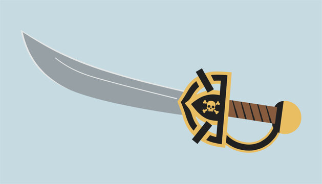 Detailed vector illustration of a pirate cutlass sword with a golden guard featuring a skull and bones symbol on a blue background.