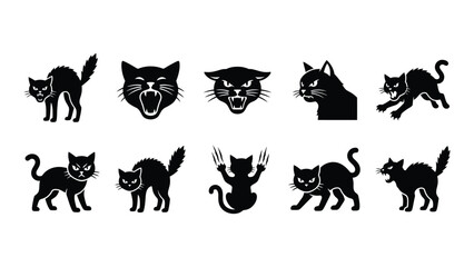Fototapeta premium Angry black cat silhouettes in aggressive poses and hissing expressions.