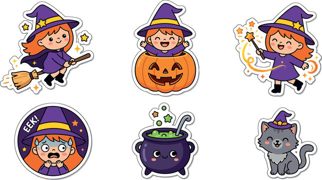 Cute Halloween sticker set featuring little witch character pumpkin cauldron and cat in kawaii cartoon style isolated on white background