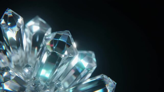Transparent crystal structures vibrate in perfect synchronization, microscopic luminous waves illuminating the lattice with icy white and cyan light against total black &mdash; ideal for sci-fi and luxury o