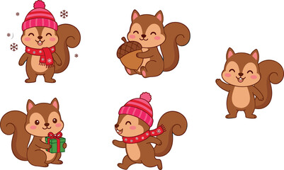 Fototapeta premium Cute squirrel cartoon character vector set with autumn and winter elements holding acorn gift box present