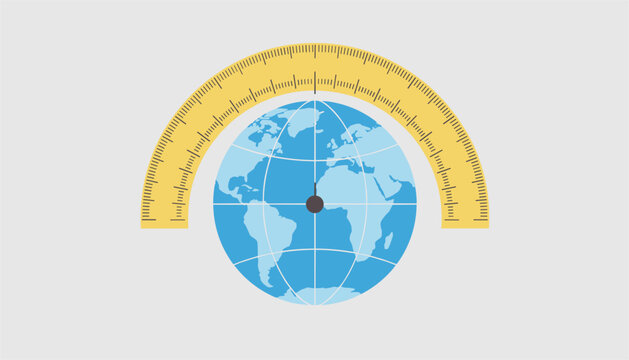 Creative educational geography graphic featuring a blue earth globe topped with a yellow mathematical protractor.