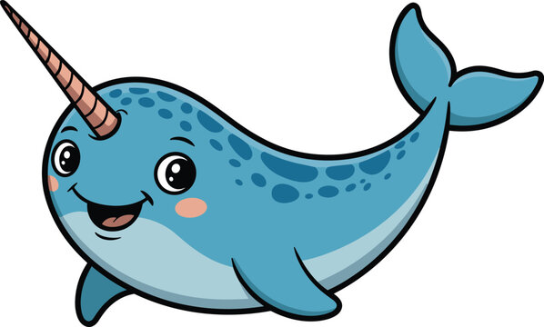 A happy narwhal featuring its unique long tusk sleek blue body animal vector on white background.