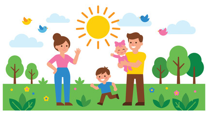 Fototapeta premium Happy family having fun in sunny green park for outdoor lifestyle and parenting concepts.