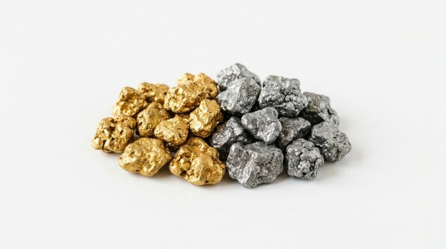Raw platinum and gold ore nuggets isolated on white background.