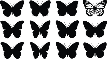 Obraz premium Collection of butterfly silhouette icons with diverse wing shapes for nature, design, and decorative vector use