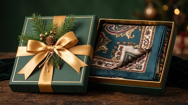 Luxury silk scarf elegantly folded in decorative gift box with gold ribbon for holiday presents