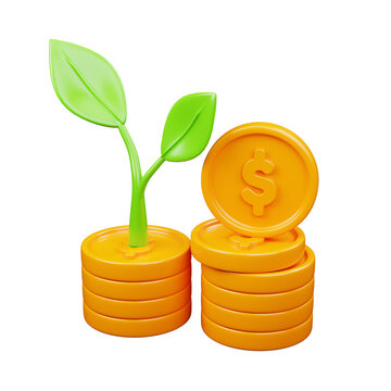 3D Investment Growth Icon with Gold Coins and Green Sprout for Financial Success Concept