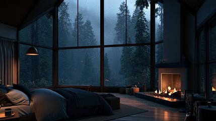 Fototapeta premium Cozy Bedroom Retreat with Fireplace and Panoramic Forest View at Dusk