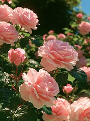 Fototapeta premium Close-up of delicate pink roses blooming in a garden, capturing the beauty of nature and springtime