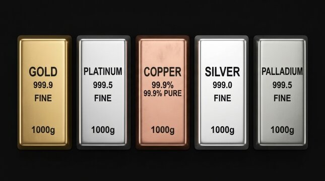 Collection of precious metal bars including platinum gold silver copper and palladium on black background.