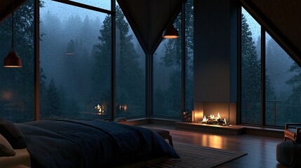 Fototapeta premium Cozy bedroom sanctuary with fireplace and large windows overlooking a misty forest at dusk