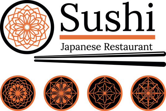 Sushi Japanese Restaurant Logo and Geometric Floral Mandala Emblems with Chopsticks Vector Design