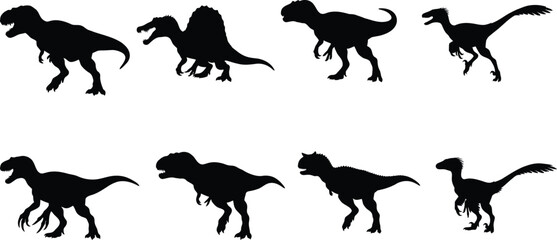 Obraz premium Dinosaur Silhouette Collection Featuring Tyrannosaurus Spinosaurus Velociraptor and Prehistoric Icons for Paleontology Vector Design