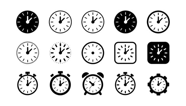  Clock face alarm and stopwatch vector icon collection set for time management schedule planning interface graphic template.