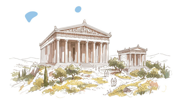 Parthenon Acropolis ancient Greek temple landscape hand drawn detailed sketch vector illustration with historical architecture.
