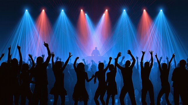 Energetic crowd dancing under vibrant red and blue stage lights at a lively music concert or nightclub event