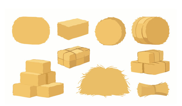 Set of various hay bales and straw stacks in different shapes for farm and agriculture design elements