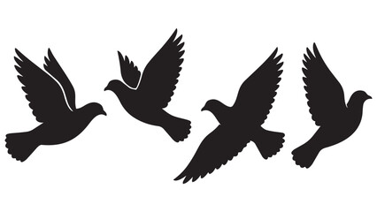 Fototapeta premium Four Silhouette Doves Flying in Formation Black and White Minimalist Vector Illustration for Peace Symbol Design