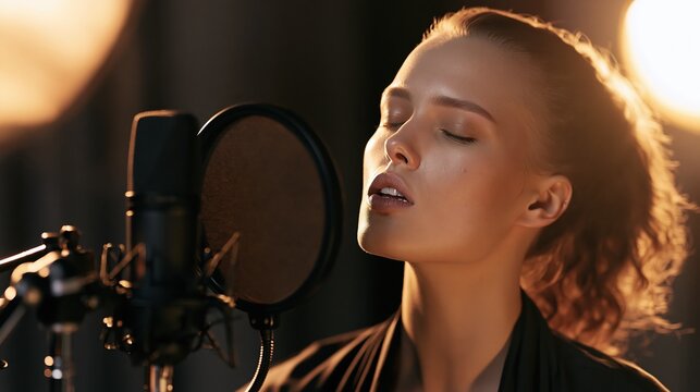Young Woman Singing Passionately into Professional Microphone in Studio with Soft Lighting