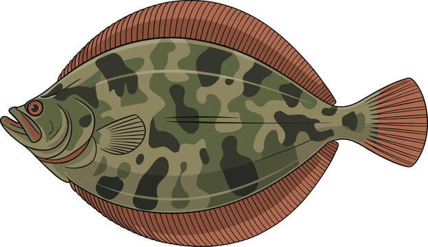 A flounder fish showcasing its flattened body camouflage pattern animal vector on white background.