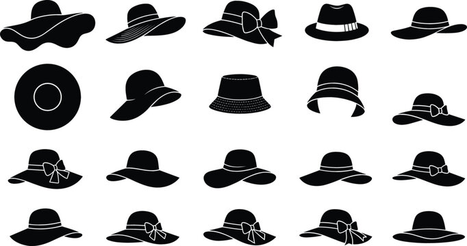 Women Summer Sun Hat Silhouette Icon Set with Elegant Wide Brim and Bow Straw Headwear Symbols for Beach Vacations, Fashion Shopping Apps, and Travel Graphic Designs